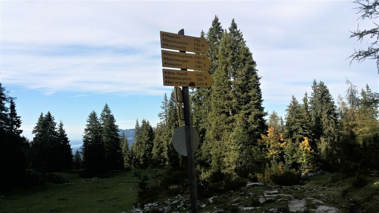 Gelbe Wegweiserschilder Richtung Nordosten: Pflegereck, Seegatterl / Hemmersuppenalm, Anna Kapelle.