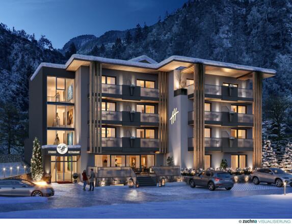 3617 Hotel Vier_Aussen Stp_01 Winter Abend_02