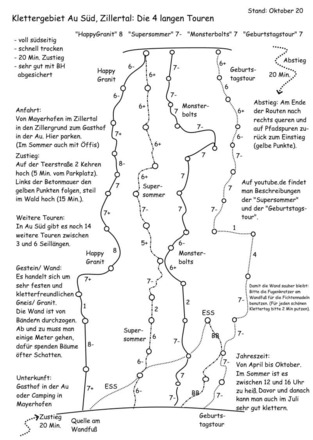 Topo der vier langen Routen „HappyGranit“ (VIII), „Supersommer“ (VII-), „Monsterbolts“ (VII) und „Geburtstagstour“ (VII) im Klettergebiet Au Süd im Zillergrund
