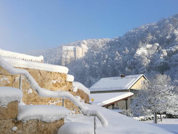 Blick von Haustreppe auf Burg Prunn
