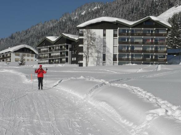 Appartementhaus im Winter (direkt an Loipe + Piste