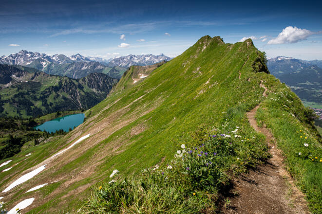 Rückblick vom Zeigersattel auf den Östlichen Hüttenkopf, unterhalb leuchtet der Seealpsee.