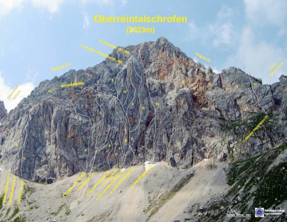 Übersicht der Routen am Obereintalschrofen