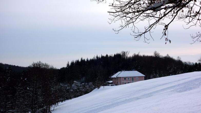 Blick zum Kogel von ~505m, Kl.Parkplatz, Schranken