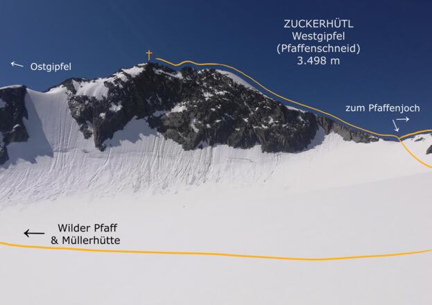 Zuckerhütl Westgipfel mit Route, Aufnahme von der Sulzenauferner