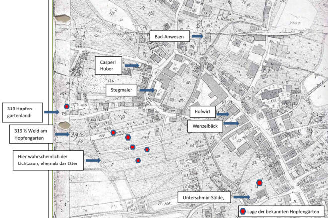 hofmark-birnbach-um-1870-lage-der-bekannten-hopfengaerten-kenntlich-gemacht