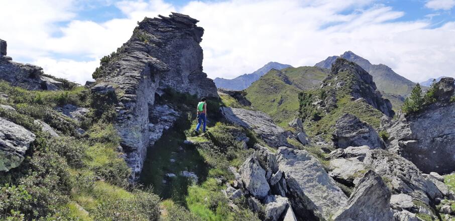 ... Felsen, die aus dem Grün herausbrechen, sind typisch für diesen Wegabschnitt. Rosskopf und Haneburger bleiben immer in Sicht.
