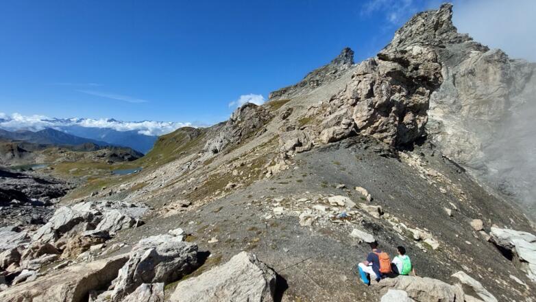 Auf der Tarntaler Scharte (2600 m). Die Tarntaler Köpfe werden hier ihrem Namen gerecht. Rechts hinab führt ein schwarzer Bergweg zur Lizumer Hütte.