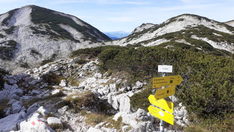 Abzweigtafel ca 1735m, Rückblick zum Höllkogel links
