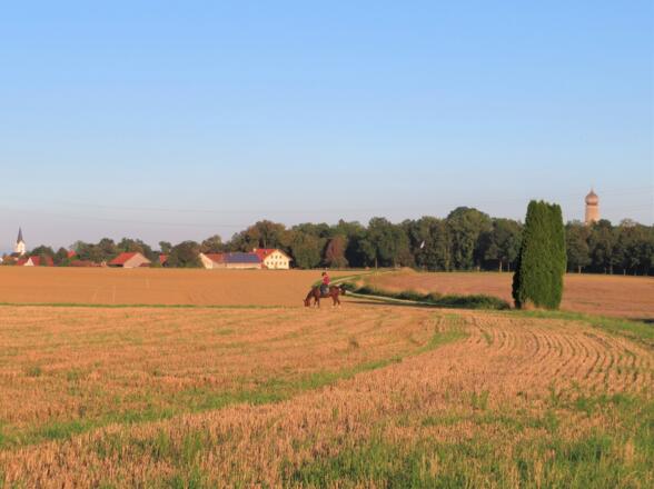 Blick vom Fürstenweg in Richtung Isareck und Kirche St. Laurentius in Volkmannsdorf