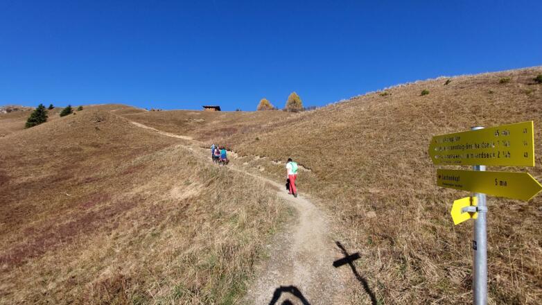 Von hier zur Jöchelspitze ist der Weg als roter Bergweg eingestuft. Oben das kleine Heumuseum.