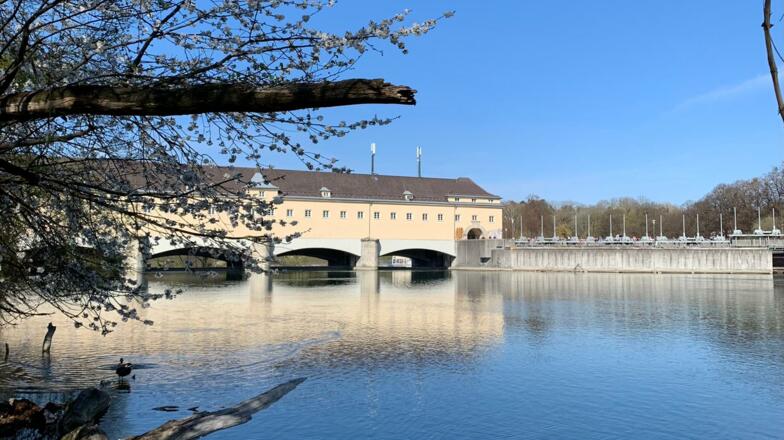 Blick auf das Stauwehr Oberföhring vom Isarufer