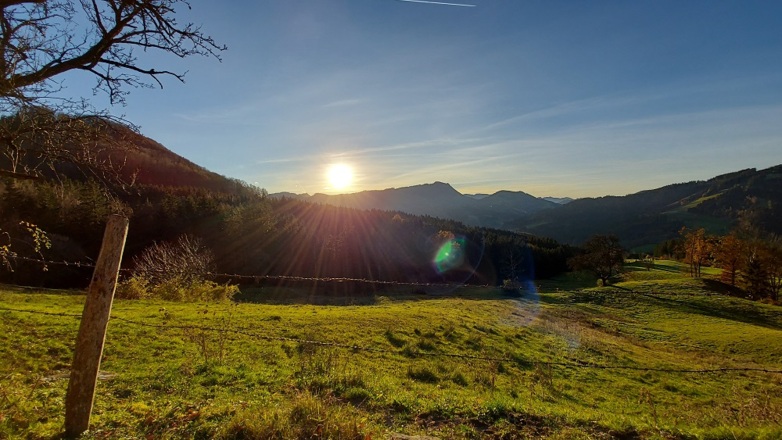 Arthofberg im Herbst mit Sonnenuntergang