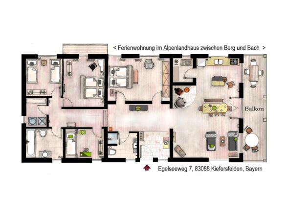 Grundriss Fewo zwischen Berg und Bach in Bayern, 150 m², dazu Ski- und Radkeller und 3 Autostellplätze