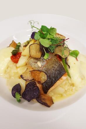 Gebratenes Lachsforellenfilet Spargelrisotto Nussb