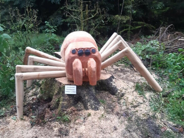Erlebnisstation mit Holzspinne auf dem Walderlebnispfad Freising