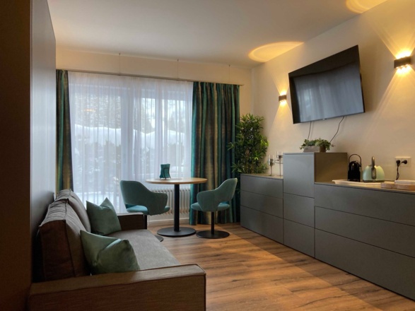 grosser Flachbildschirm mit WLAN und DVD - Spieler zum gemütlichem TV - Genuss vom Sofa bzw. Bett aus. Ebenfalls Blick auf die Terrasse bzw. Bergblick vorhanden