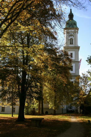 Blick auf den Kirchenturm - Kloster und Kirche Neustift