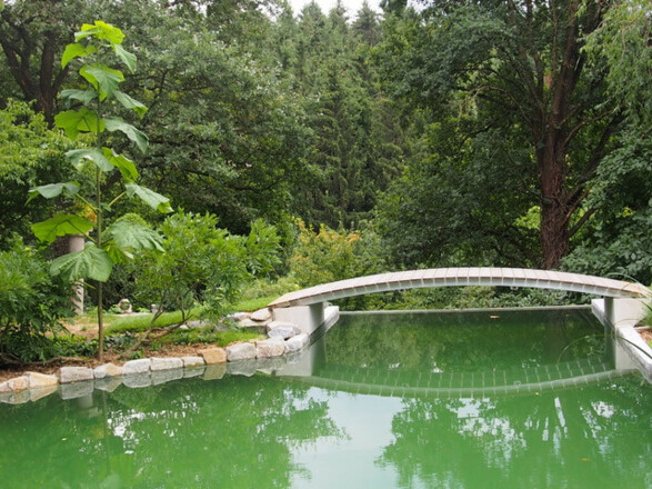 Blick auf den Schwimmteich im Goldshauser Garten in Marzling