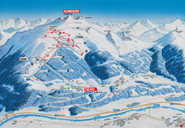 Der Pistenplan des Skigebiets Glungezer.