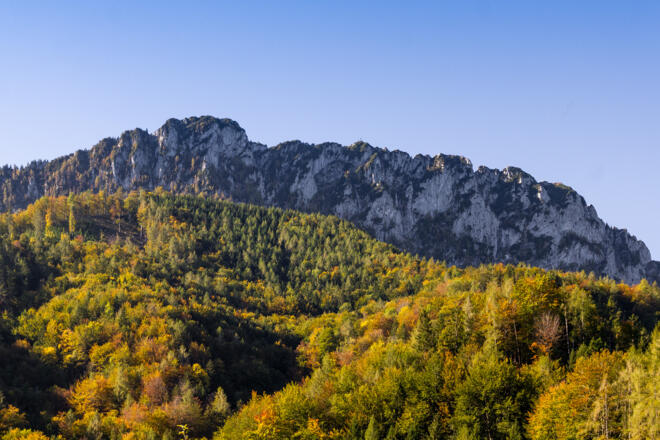 Die Kremsmauer vom Tal aus gesehen.