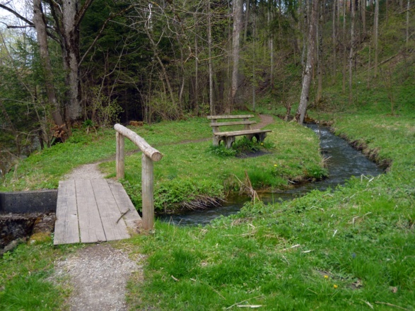 Der idyllische Fußweg führt entlang des Neuhausbachs aus Steingaden hinaus.