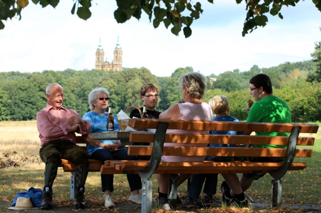Rast mit Blick auf die Basilika Vierzehnheiligen