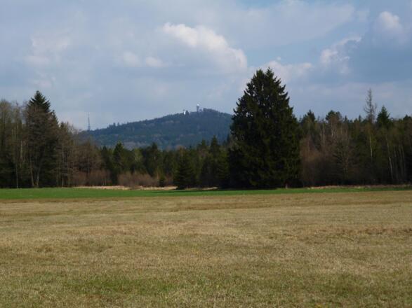 Vom Waldrand bietet sich ein traumhafter Blick über das Schwarzlaichmoor hinweg zum Hohen Peißenberg mit Fernsehturm, Wallfahrtskirche und Wetterstation.