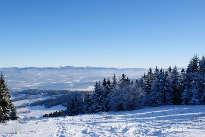 Beginn der Nordhangabfahrt mit Blick zum Großen Arber