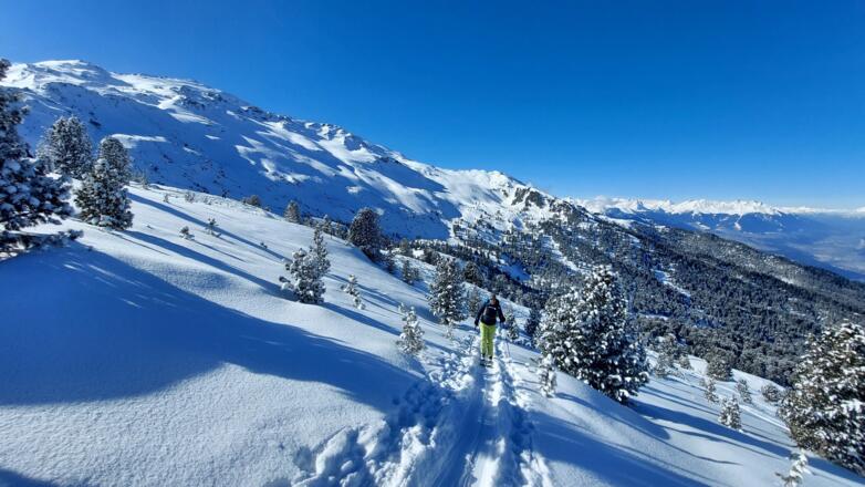 Gemütliches Gelände zum Schartenkogel. Hinten die mächtige Nordflanke des Glungezers, links oben der Gipfel.