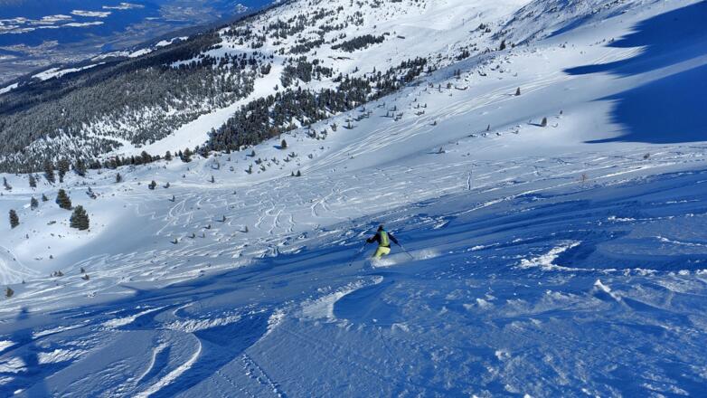 ... Richtung Waldgrenze. Unten sieht man die Piste der Tulfeinalm-Abfahrt -  in die wollen wir einmünden.