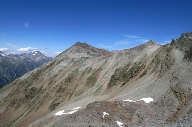Der Abstiegsweg vom Pollesfernerkopf, aufgenommen vom Punkt 2.966 m der AV-Kate.