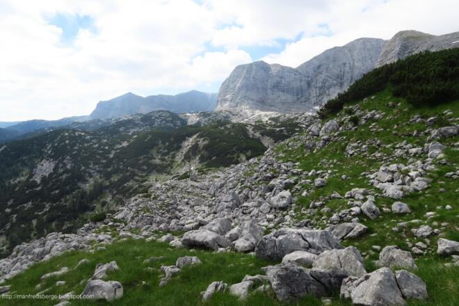 Damit ich nicht mehr durch die Latschen muss, probiere ich jetzt eine andere Abstiegsroute. Zuerst nach Süden und außen im steinigen Bereich hat man keinen Latschenkontakt. Nun visiere ich das Tal zwischen Niederen Ochsenkogel links und Niederen Grün