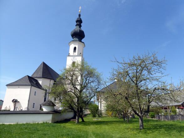 Die Pfarrkirche von Köstendorf mit dem Pfarrgarten, der von Carl Zuckmayer besonders erwähnt wurde.