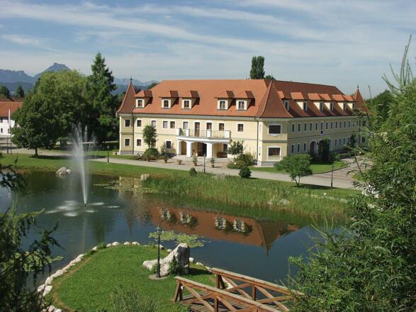 Hotel Almtal mit Insel vorm Hausteich