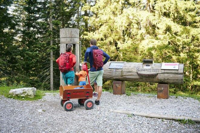 Familie mit Bollerwagen am Natursprünge-Weg Brandn