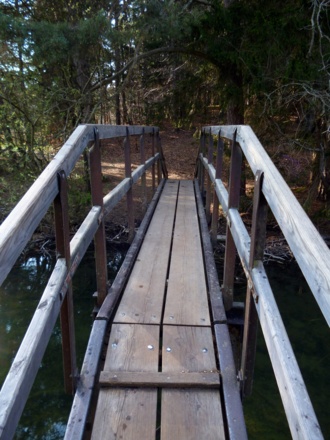 Eine steile Holzbrücke führt über den Bach zwischen Fohnsee und Staltacher See.