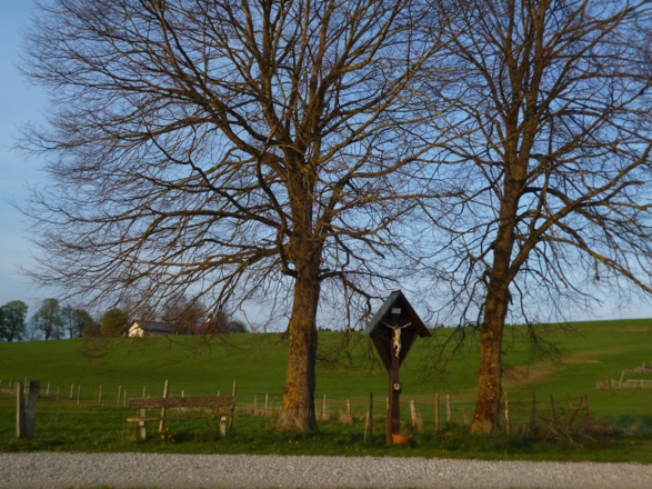 Neben dem Wegkreuz befindet sich eine Bank.