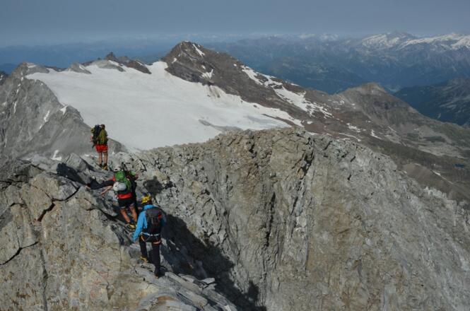 Ein hübscher Felsgrat führt zuletzt zum Gipfel des Hochgall. Über dem Rieserferner grüßt der Schneebige Nock.