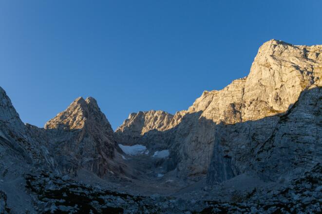 Blick auf Blaueisspitze, Blaueis, Hochkalter, Kleinklater und Rotpalfen