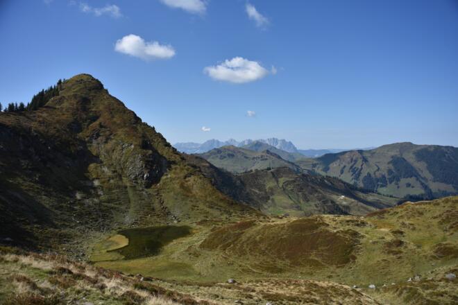 Blick vom Bischofsjoch über die Kitzbüheler Grasberge zum Wilden Kaiser
