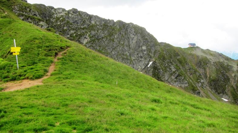 Abzweigung zum Gipfel, im Hintergrund bereits die Hütte