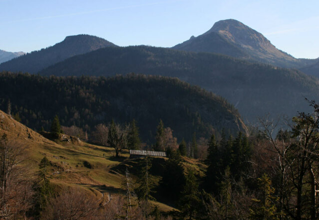 Blick auf die Hölleialm und den Guffert