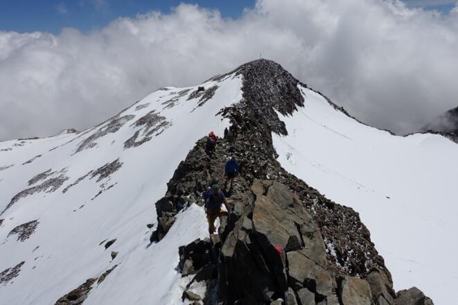 Blick vom Wilden Freiger über den Verbindungsgrat zum Signalgipfel. Links davon steht die verfallene Zollhütte.