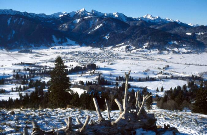 Herrliche Ausblicke aus freien Hängen über Unterammergau auf die Ammergauer Alpen