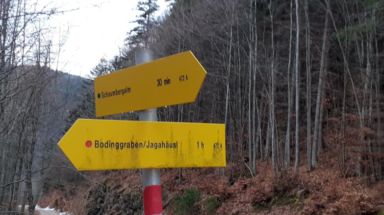 Wegtafel um 1015m, rechts der Forststraße folgen