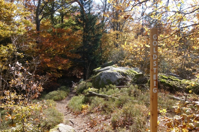 Steinerne Wand mit Goldsteig Stele