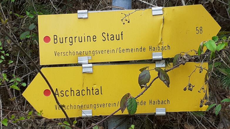 Wegtafel ~460m, Abstieg ins Aschachtal