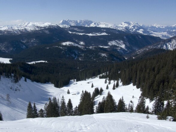 Ausblick über die Dürrnbachalm zum Fellhorn und ins Kaisergebirge