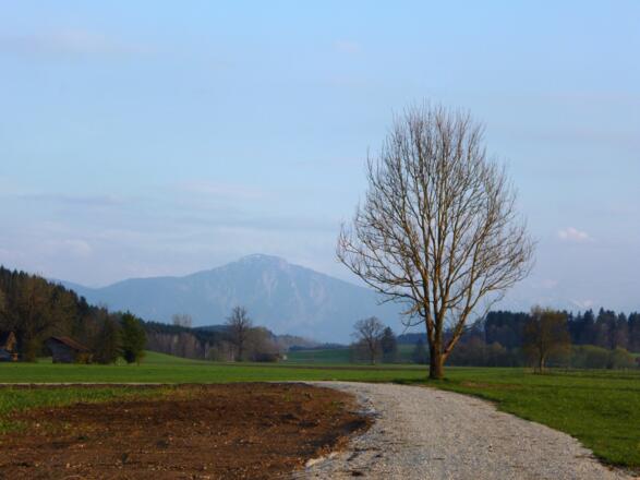 Begleitet von einem grandiosen Bergblick geht es aus dem Ort hinaus.